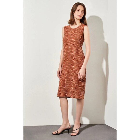 MING WANG Shiny Tweed Knit Sheath Dress In Oakwood Limestone Java Blk XS Small - Picture 1 of 9